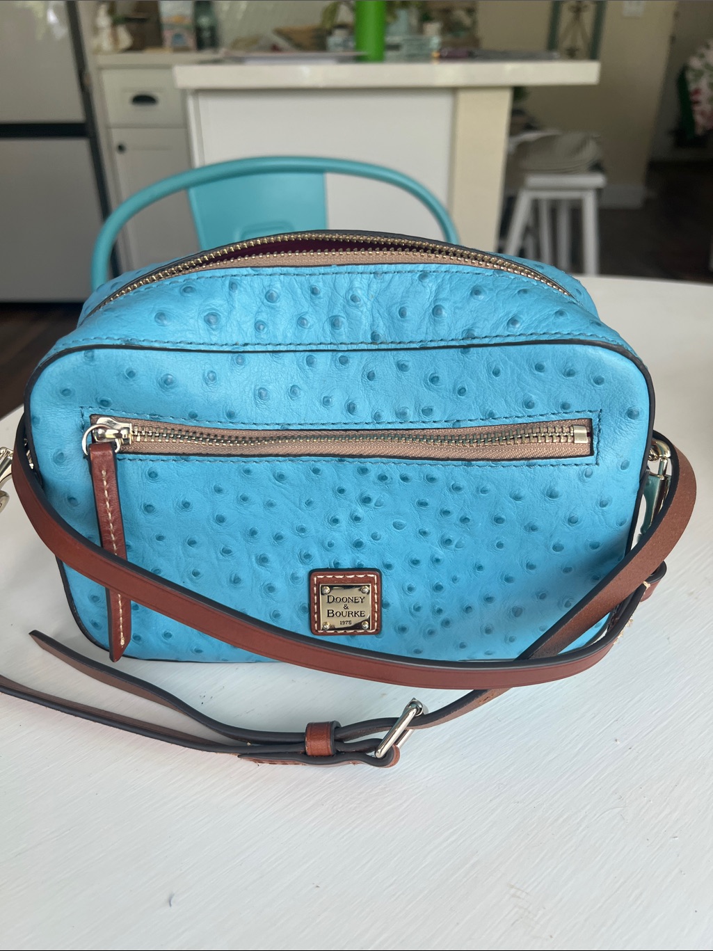 Dooney & Bourke Turquoise Ostrich-Embossed Crossbody With Brown Strap